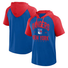 New York Rangers Logo Athletic Prime Raglan Short Sleeve Pullover Hoodie - Blue Hoodies