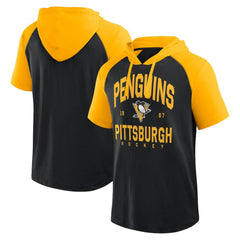 Pittsburgh Penguins Logo Athletic Prime Raglan Short Sleeve Pullover Hoodie - Black Hoodies