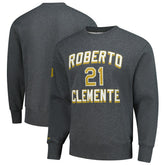 Roberto Clemente Pittsburgh Pirates Legends Collection Vintage Logo Name & Number Fleece Pullover Sweatshirt Heather Charcoal