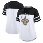 New Orleans Saints Women's Athena Rhinestone Lace-Up V-Neck T-Shirt - White/Black sale