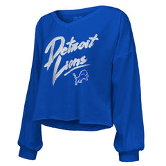 Amon-Ra St. Brown Detroit Lions Majestic Threads Women's Name & Number Off-Shoulder Script Cropped Long Sleeve Relaxed V-Neck T-Shirt - Blue sale