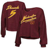 Jayden Daniels Washington Commanders Majestic Threads Women's Name & Number Off-Shoulder Script Cropped Long Sleeve Relaxed V-Neck T-Shirt - Burgundy on sale
