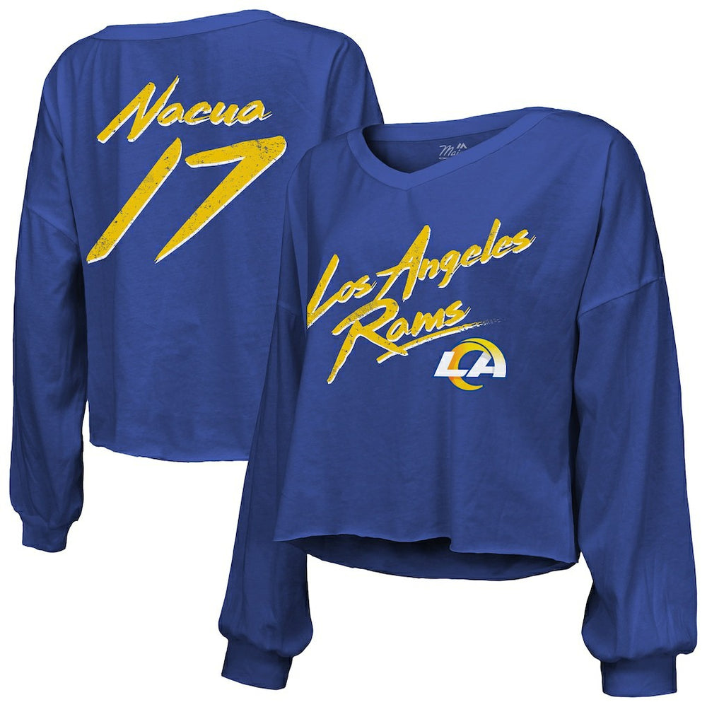 Puka Nacua Los Angeles Rams Majestic Threads Women's Off-Shoulder Script Player Name & Number Cropped Long Sleeve V-Neck T-Shirt - Royal sale