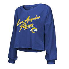 Puka Nacua Los Angeles Rams Majestic Threads Women's Off-Shoulder Script Player Name & Number Cropped Long Sleeve V-Neck T-Shirt - Royal sale