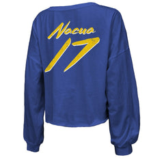 Puka Nacua Los Angeles Rams Majestic Threads Women's Off-Shoulder Script Player Name & Number Cropped Long Sleeve V-Neck T-Shirt - Royal sale