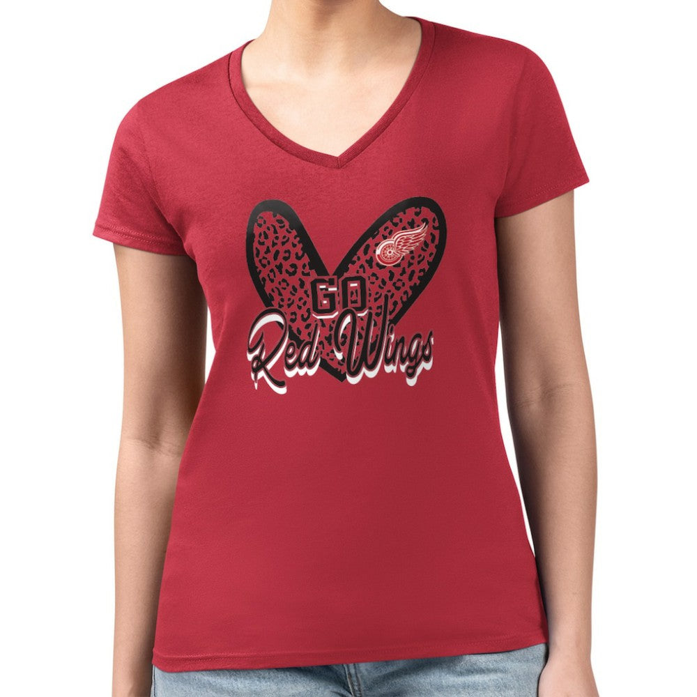 Detroit Red Wings G-III 4Her by Carl Banks Women's Super-Slim Fit Lightweight Animal Print Heart V-Neck T-Shirt - Red T-shirts