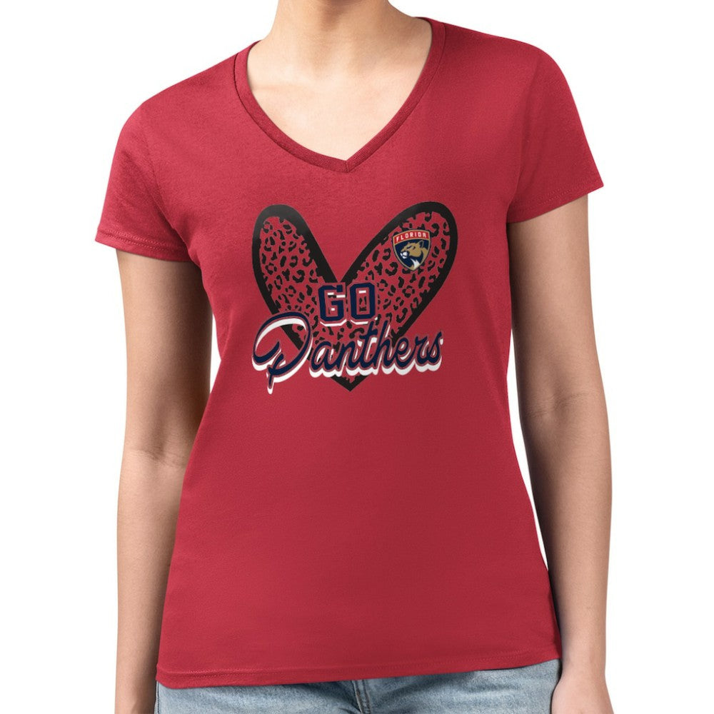 Florida Panthers G-III 4Her by Carl Banks Women's Super-Slim Fit Lightweight Animal Print Heart V-Neck T-Shirt - Red T-shirts