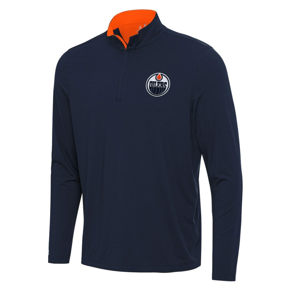 Edmonton Oilers Antigua Content Quarter-Zip Pullover Top - Navy/Orange Pullover