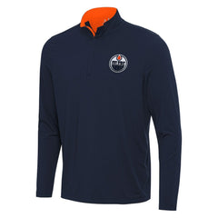 Edmonton Oilers Antigua Content Quarter-Zip Pullover Top - Navy/Orange Pullover