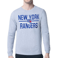 New York Rangers Starter Mesh Look Team Name Logo Long Sleeve T-Shirt - Heather Gray T-shirts