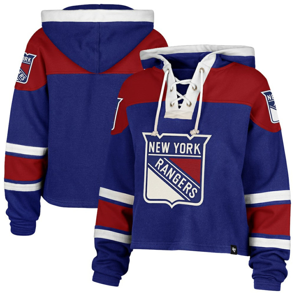 New York Rangers '47 Women's Cropped Superior Lacer Pullover Hoodie - Blue Hoodies