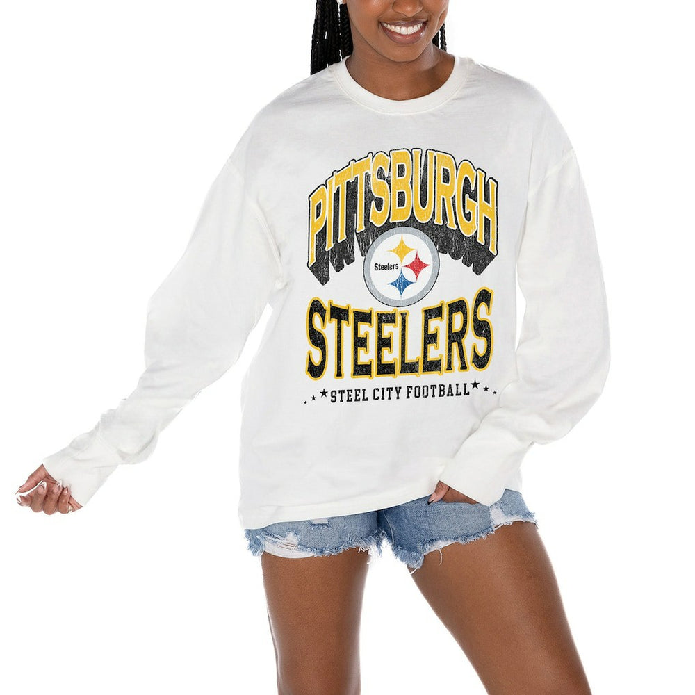 Pittsburgh Steelers Gameday Couture Women's Time Out Oversized Long Sleeve T-Shirt - White discount