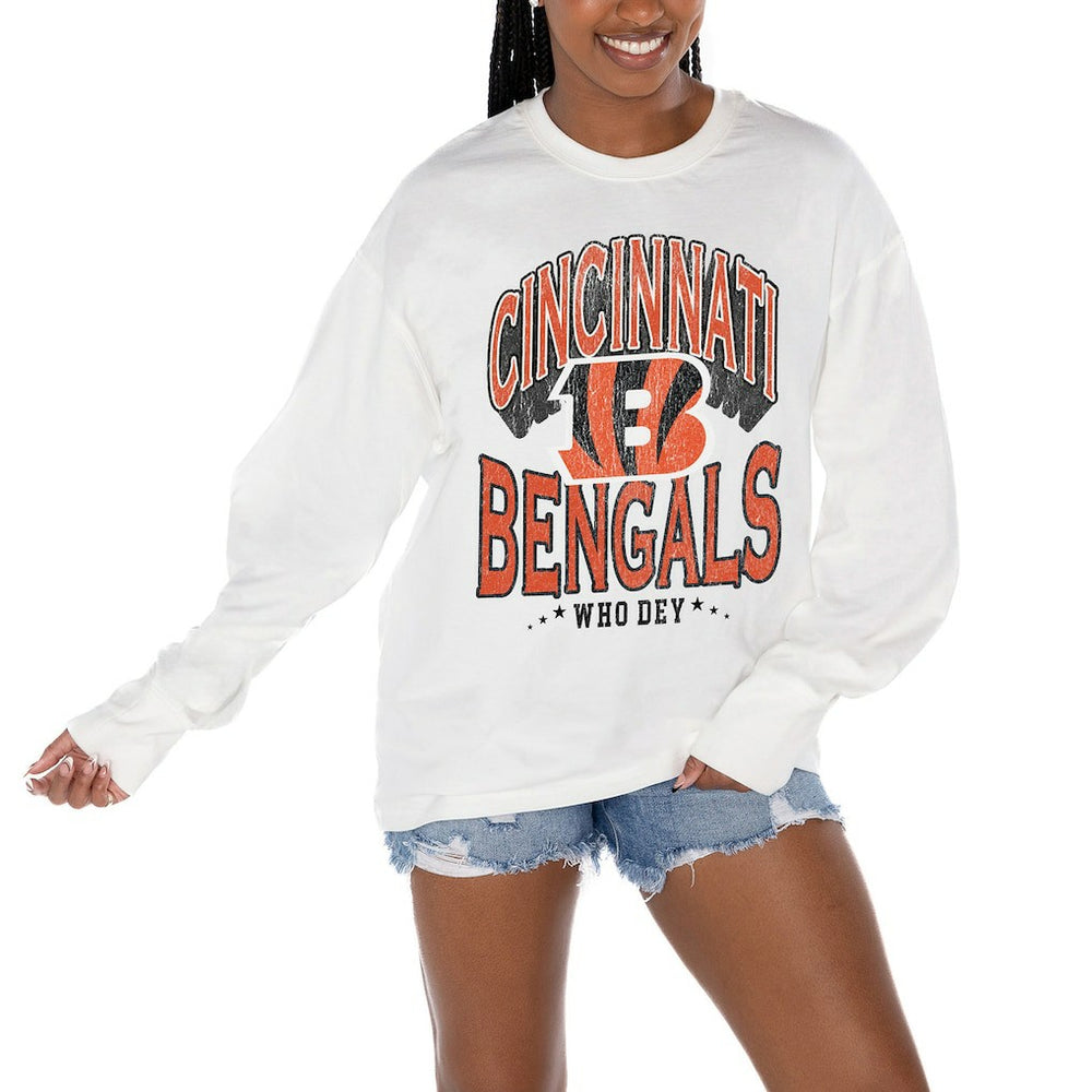 Cincinnati Bengals Gameday Couture Women's Time Out Oversized Long Sleeve T-Shirt - White for sale