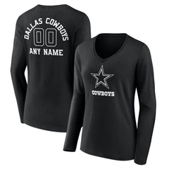 Dallas Cowboys Women's Personalized Name & Number Monochrome Long Sleeve V-Neck T-Shirt - Black cheap