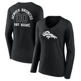 Denver Broncos Women's Personalized Name & Number Monochrome Long Sleeve V-Neck T-Shirt - Black discount