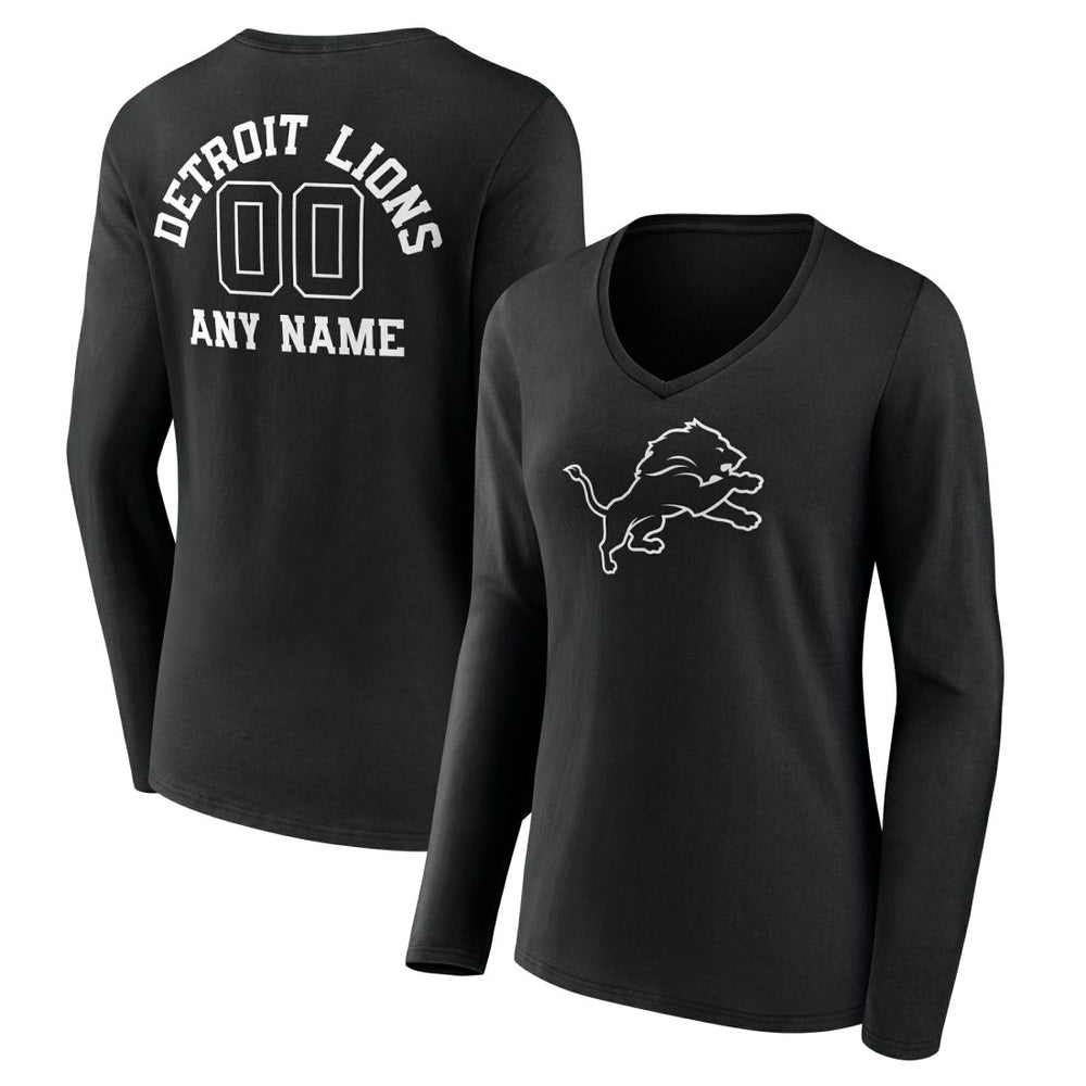 Detroit Lions Women's Personalized Name & Number Monochrome Long Sleeve V-Neck T-Shirt - Black on sale