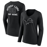 Detroit Lions Women's Personalized Name & Number Monochrome Long Sleeve V-Neck T-Shirt - Black on sale