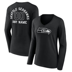 Seattle Seahawks Women's Personalized Name & Number Monochrome Long Sleeve V-Neck T-Shirt - Black cheap