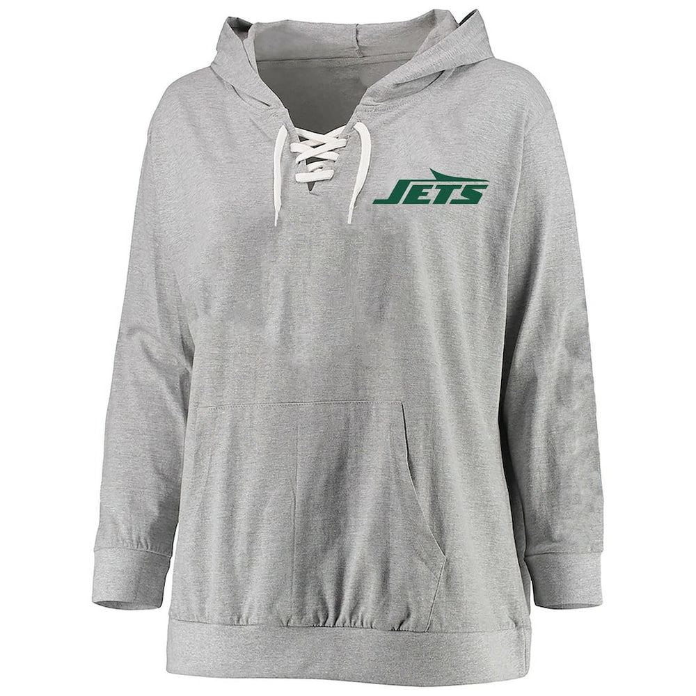 New York Jets Women's Plus Size Lace-up Pullover Hoodie - Heather Gray cheap
