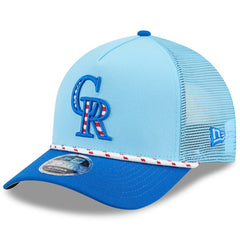 Colorado Rockies 2025 Fourth of July 9FORTY A-Frame M-Crown Adjustable Trucker Hat Light Blue/Blue