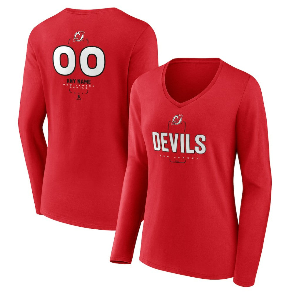 New Jersey Devils Women's Personalized Name & Number Midfielder Long Sleeve V-Neck T-Shirt - Red T-shirts