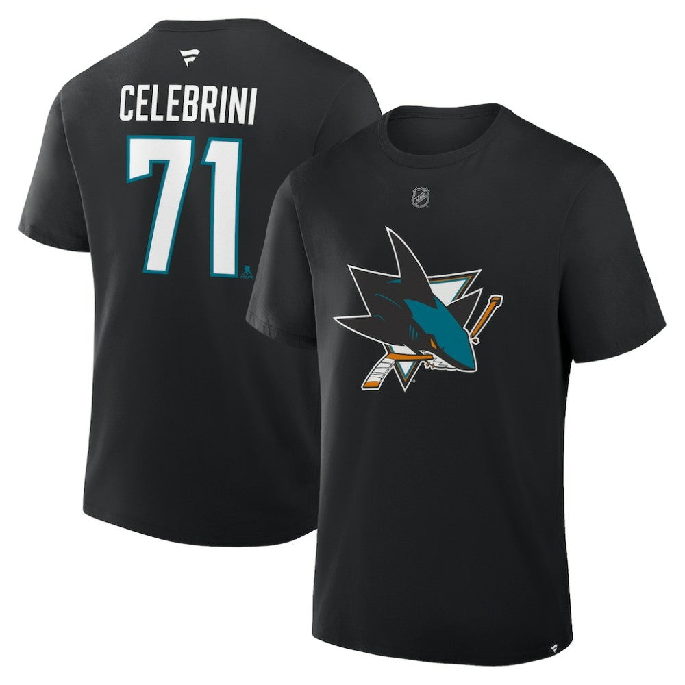 Macklin Celebrini San Jose Sharks Fanatics Authentic Stack Name & Number T-Shirt - Black T-shirts