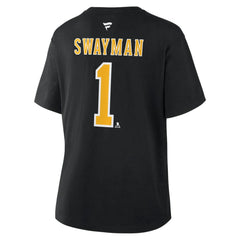 Jeremy Swayman Boston Bruins Fanatics Women's Authentic Stack Name & Number T-Shirt - Black T-shirts