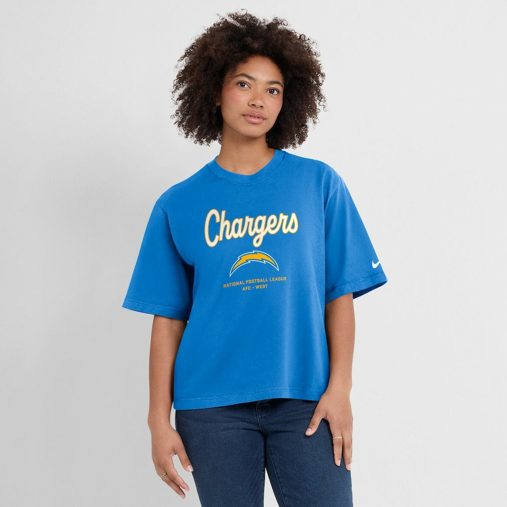 Los Angeles Chargers Women's Essential Script Relaxed Boxy T-Shirt - Powder Blue discount