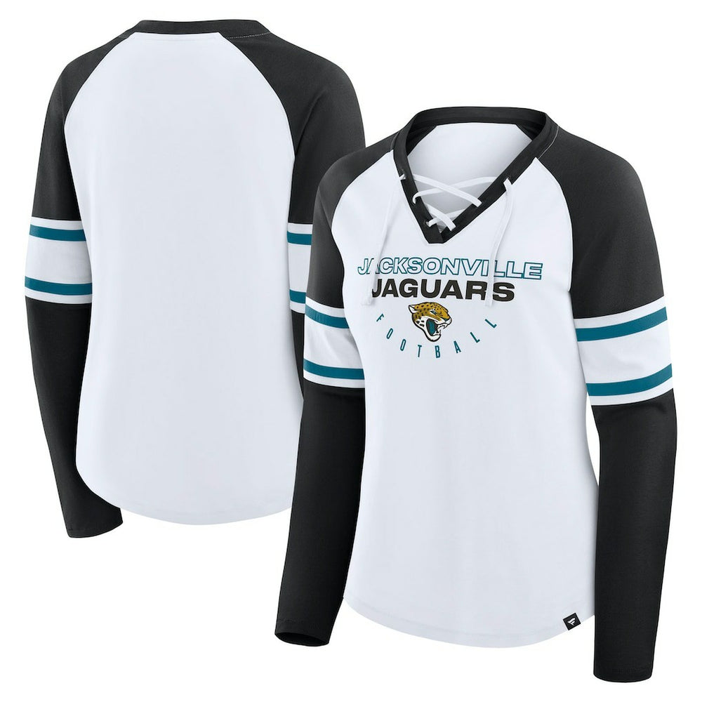 Jacksonville Jaguars Women's Redzone Blitz Package Raglan Lace-Up V-Neck Long Sleeve T-Shirt - White/Black for sale