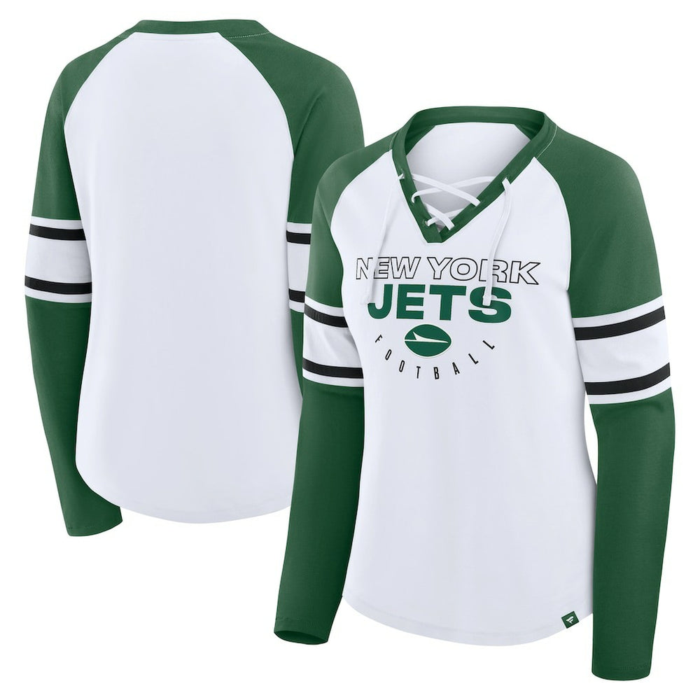 New York Jets Women's Redzone Blitz Package Raglan Lace-Up V-Neck Long Sleeve T-Shirt - White/Green online