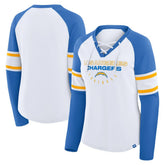 Los Angeles Chargers Women's Redzone Blitz Package Raglan Lace-Up V-Neck Long Sleeve T-Shirt - White/Powder Blue online