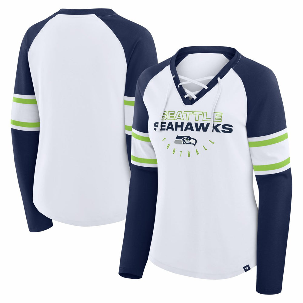 Seattle Seahawks Women's Redzone Blitz Package Raglan Lace-Up V-Neck Long Sleeve T-Shirt - White/College Navy outlet