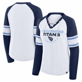 Tennessee Titans Women's Redzone Blitz Package Raglan Lace-Up V-Neck Long Sleeve T-Shirt - White/Navy on sale
