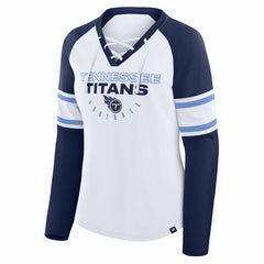 Tennessee Titans Women's Redzone Blitz Package Raglan Lace-Up V-Neck Long Sleeve T-Shirt - White/Navy on sale