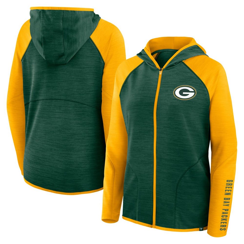 Green Bay Packers Women's Redzone End Around Pass Raglan Full-Zip Hoodie - Green/Gold outlet