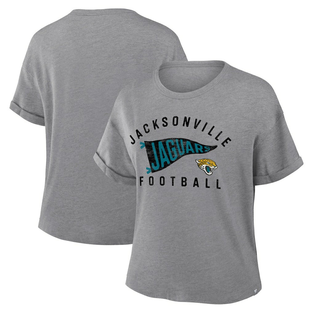 Jacksonville Jaguars Women's Pennant Wave Tribute Tri-Blend Boxy T-Shirt - Heather Gray for sale