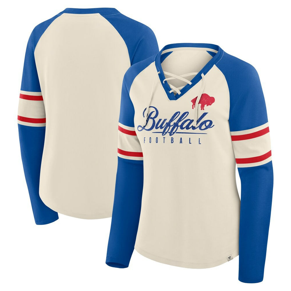 Buffalo Bills Women's Hometown Gridiron Hero Raglan Lace-Up V-Neck Long Sleeve T-Shirt - Cream/Royal discount