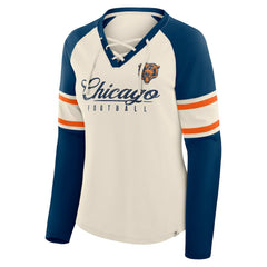 Chicago Bears Women's Hometown Gridiron Hero Raglan Lace-Up V-Neck Long Sleeve T-Shirt - Cream/Navy for sale