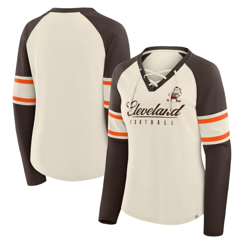 Cleveland Browns Women's Hometown Gridiron Hero Raglan Lace-Up V-Neck Long Sleeve T-Shirt - Cream/Brown outlet