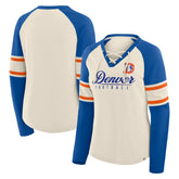 Denver Broncos Women's Hometown Gridiron Hero Raglan Lace-Up V-Neck Long Sleeve T-Shirt - Cream/Royal on sale