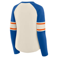 Denver Broncos Women's Hometown Gridiron Hero Raglan Lace-Up V-Neck Long Sleeve T-Shirt - Cream/Royal on sale