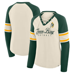 Green Bay Packers Women's Hometown Gridiron Hero Raglan Lace-Up V-Neck Long Sleeve T-Shirt - Cream/Green on sale