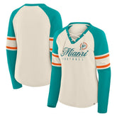 Miami Dolphins Women's Hometown Gridiron Hero Raglan Lace-Up V-Neck Long Sleeve T-Shirt - Cream/Aqua discount