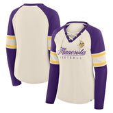 Minnesota Vikings Women's Hometown Gridiron Hero Raglan Lace-Up V-Neck Long Sleeve T-Shirt - Cream/Purple on sale