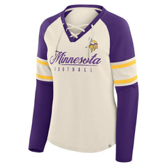 Minnesota Vikings Women's Hometown Gridiron Hero Raglan Lace-Up V-Neck Long Sleeve T-Shirt - Cream/Purple on sale
