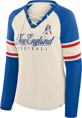 New England Patriots Women's Hometown Gridiron Hero Raglan Lace-Up V-Neck Long Sleeve T-Shirt - Cream/Royal cheap