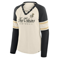 New Orleans Saints Women's Hometown Gridiron Hero Raglan Lace-Up V-Neck Long Sleeve T-Shirt - Cream/Black on sale