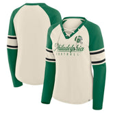 Philadelphia Eagles Women's Hometown Gridiron Hero Raglan Lace-Up V-Neck Long Sleeve T-Shirt - Cream/Kelly Green on sale
