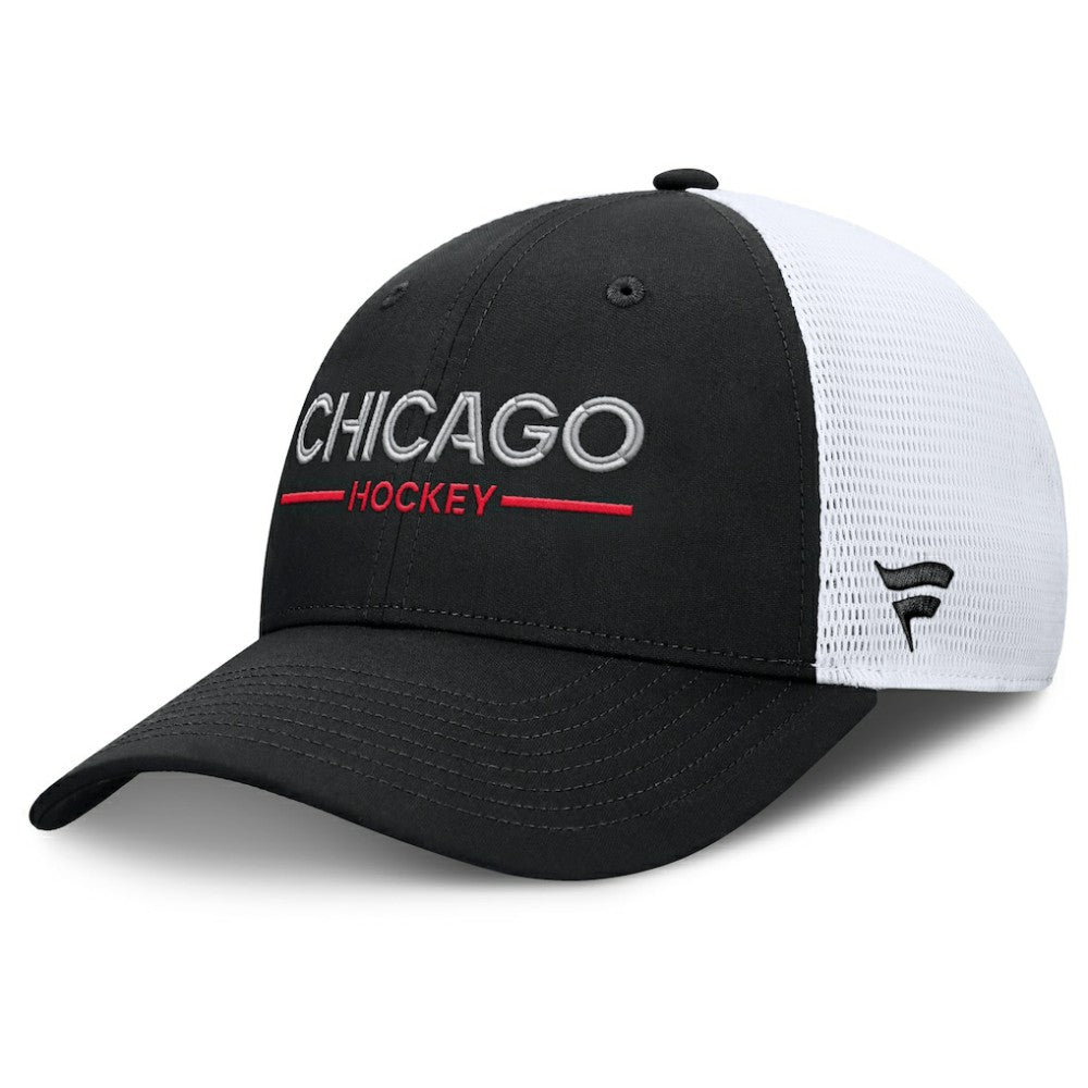 Chicago Blackhawks Fanatics Authentic Pro Rink Lockup Adjustable Trucker Hat - Black/White Hats