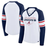 Atlanta Braves Women's Blitz Package Raglan Lace-Up V-Neck Long Sleeve T-Shirt White/Navy